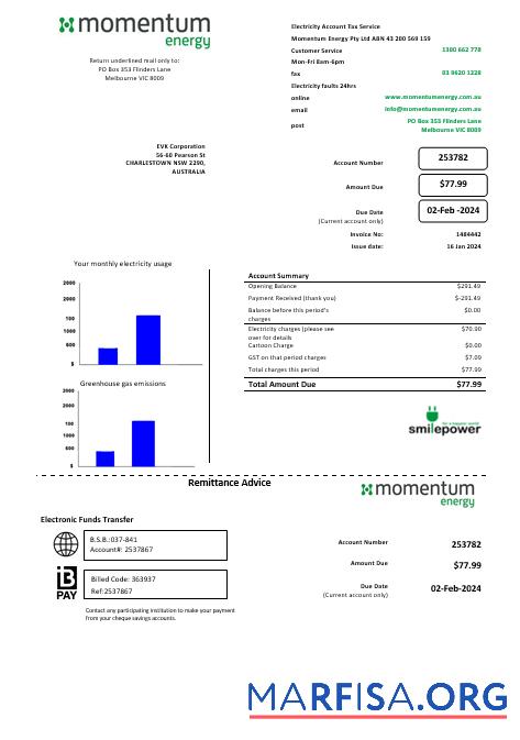 Downloadable Australia Momentum Energy business utility bill template in Word and PDF format